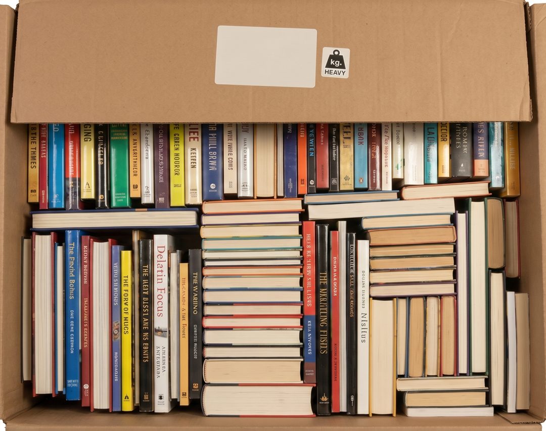 Top-down photo of books inside an open box