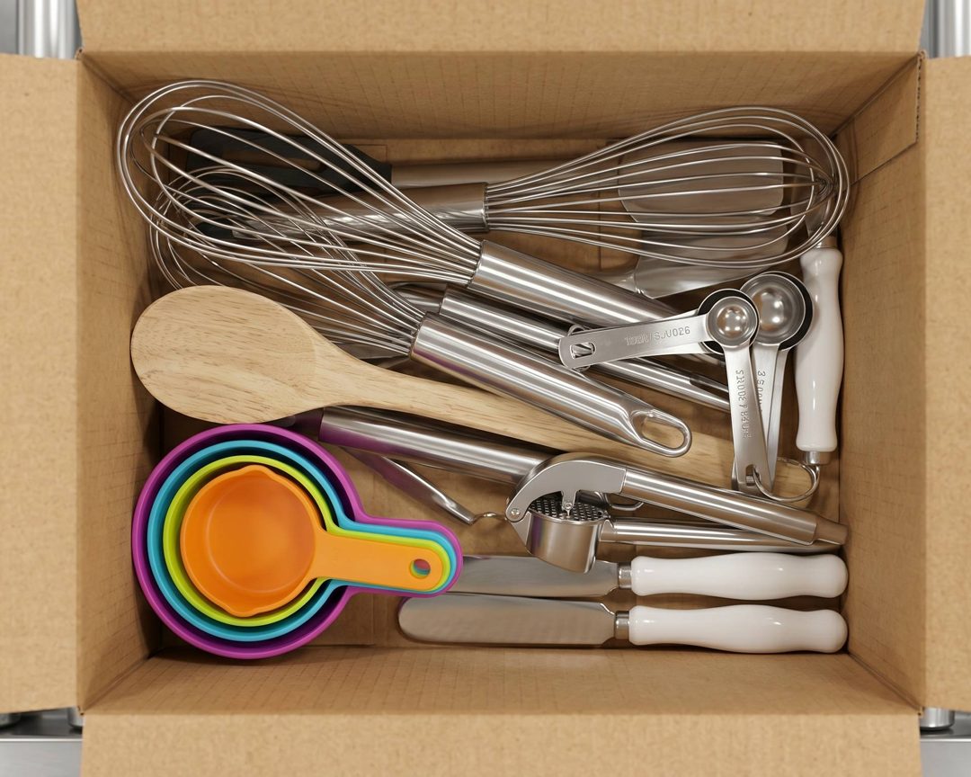 Top-down photo of kitchen tools inside an open box